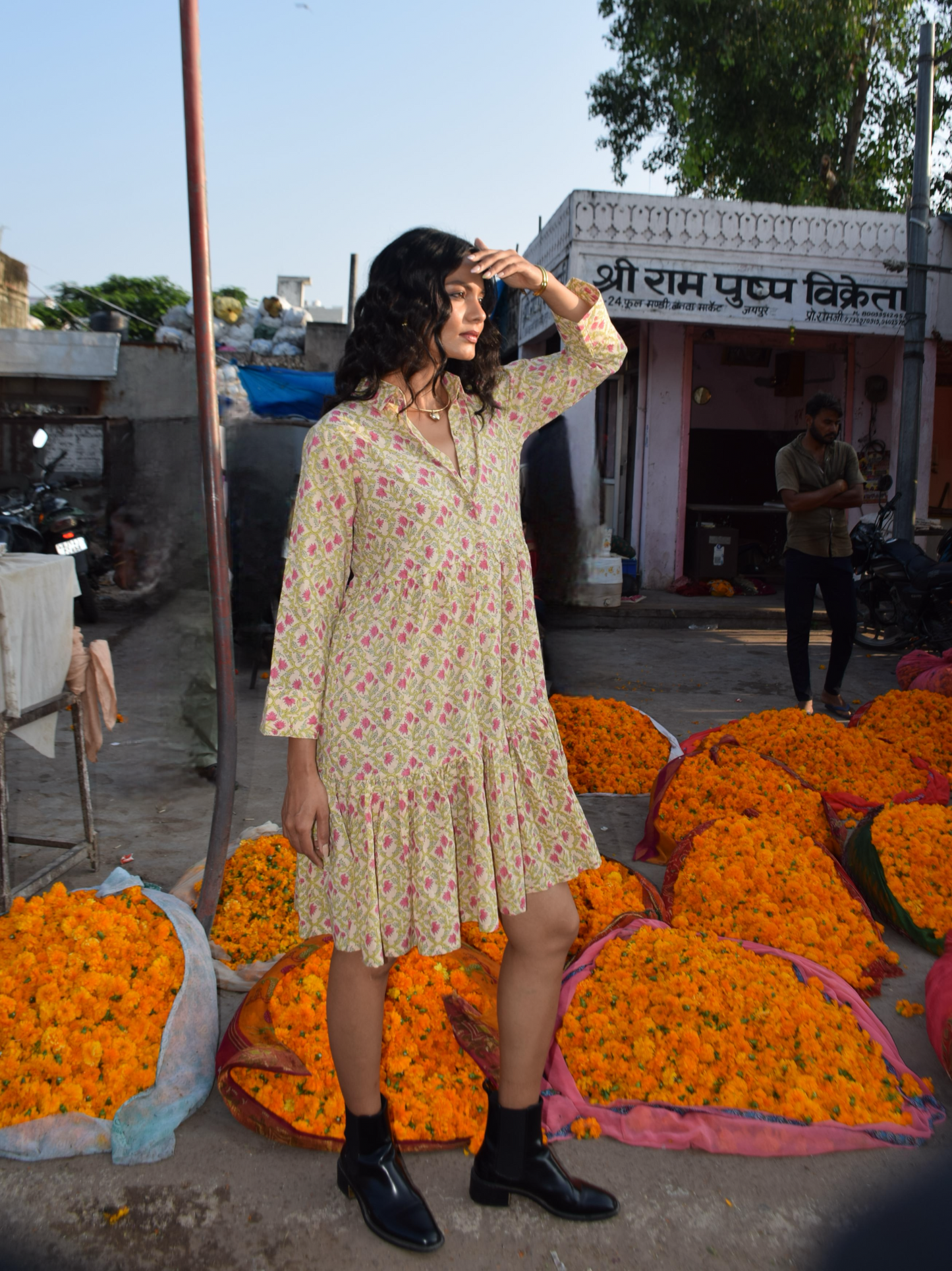 Beige & Pink Floral Print Dress