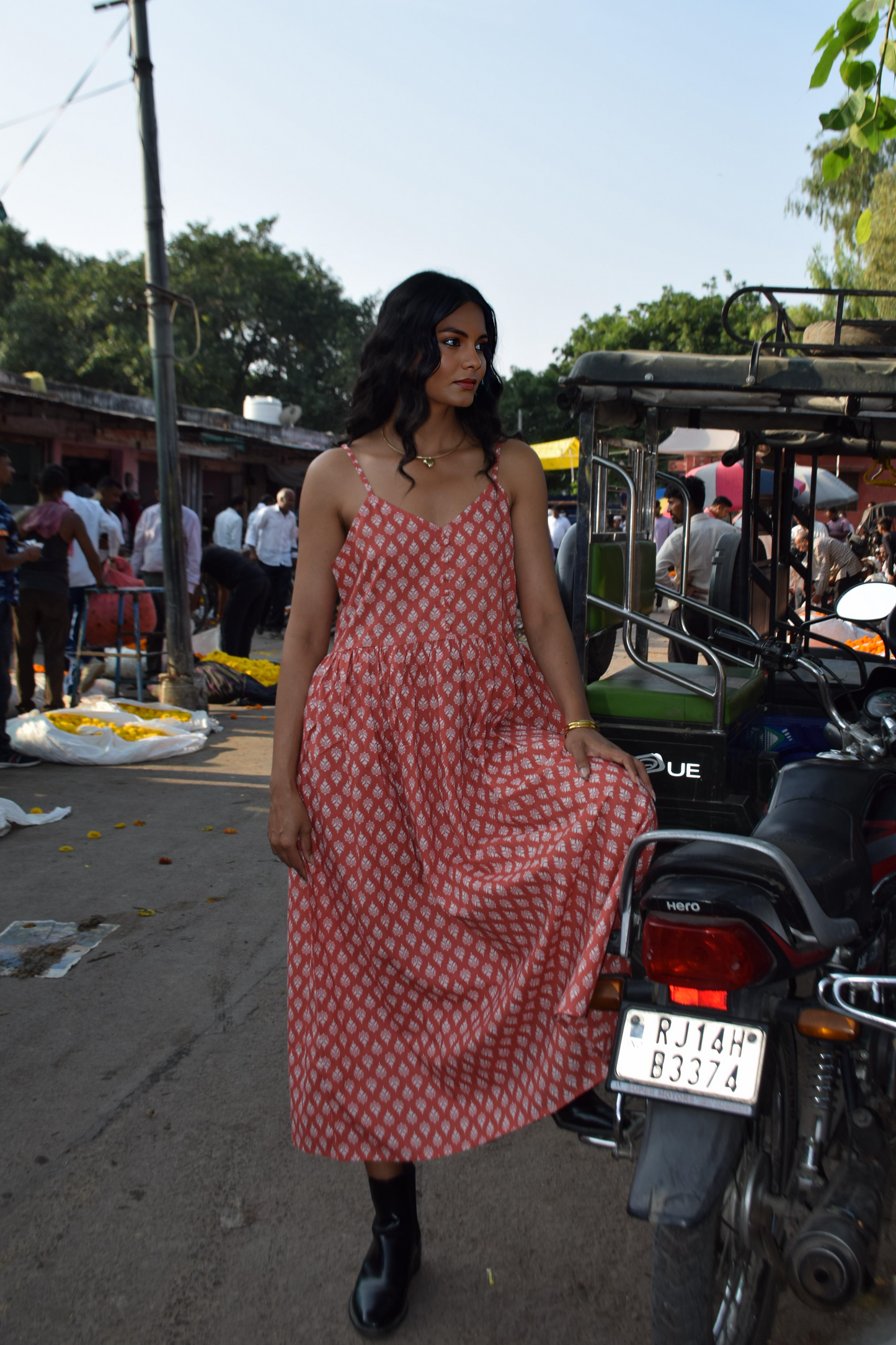 Rust Red Sleeveless Floral Print Midi Dress
