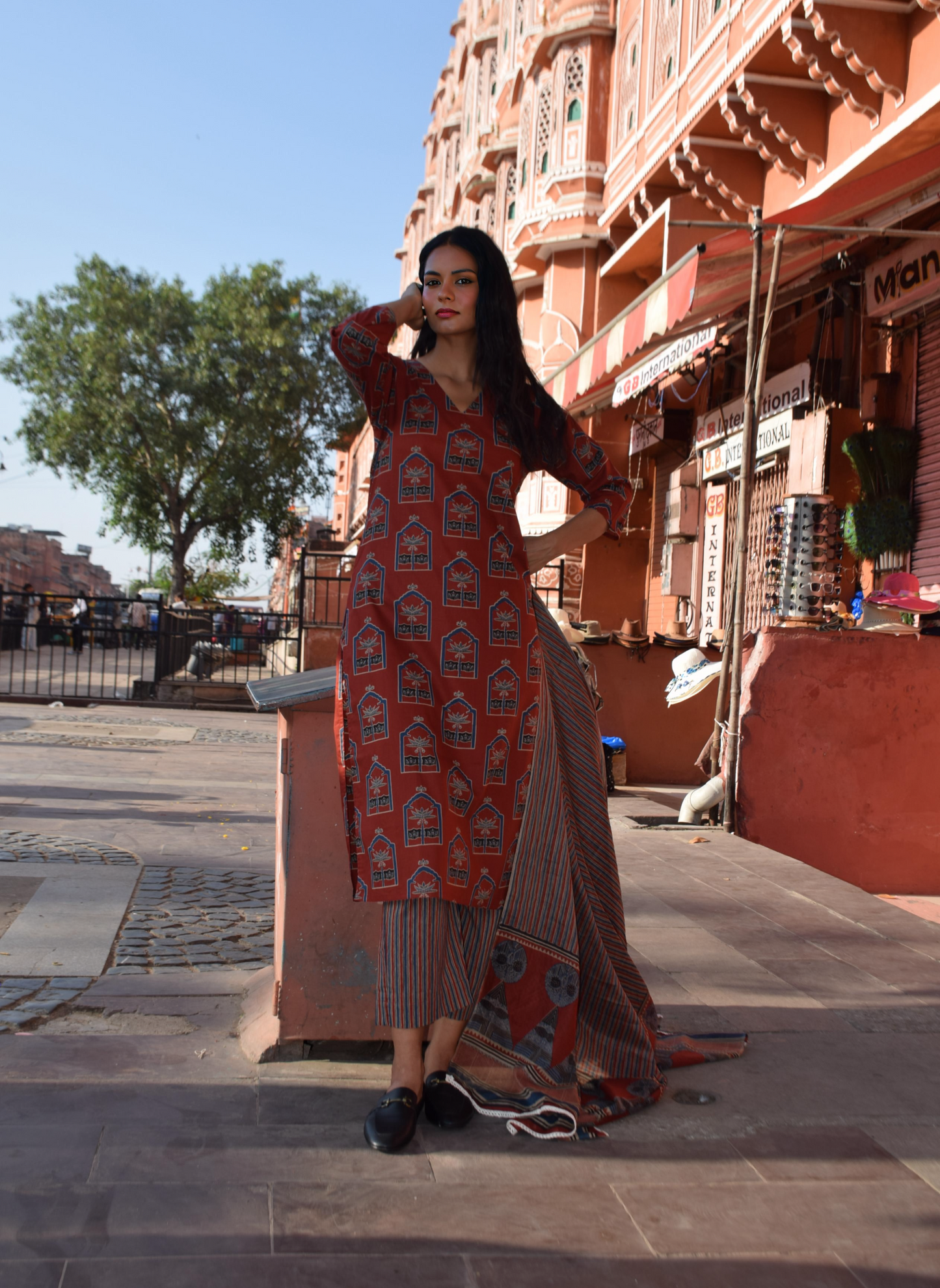 Rust Red Heritage Kurti Set with Striped Pants & Dupatta