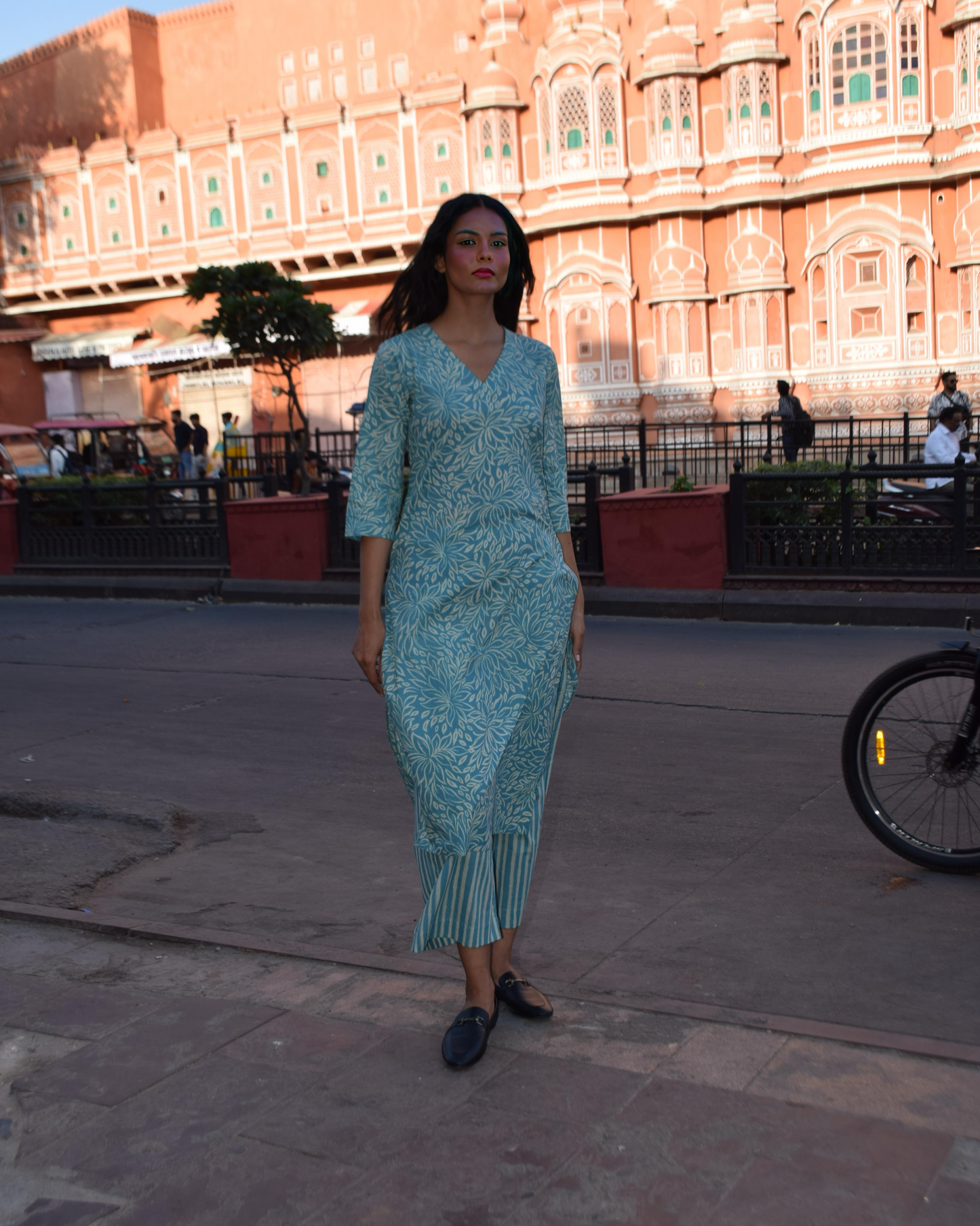 Sky Blue Floral Cotton Kurti Set with Striped Pants