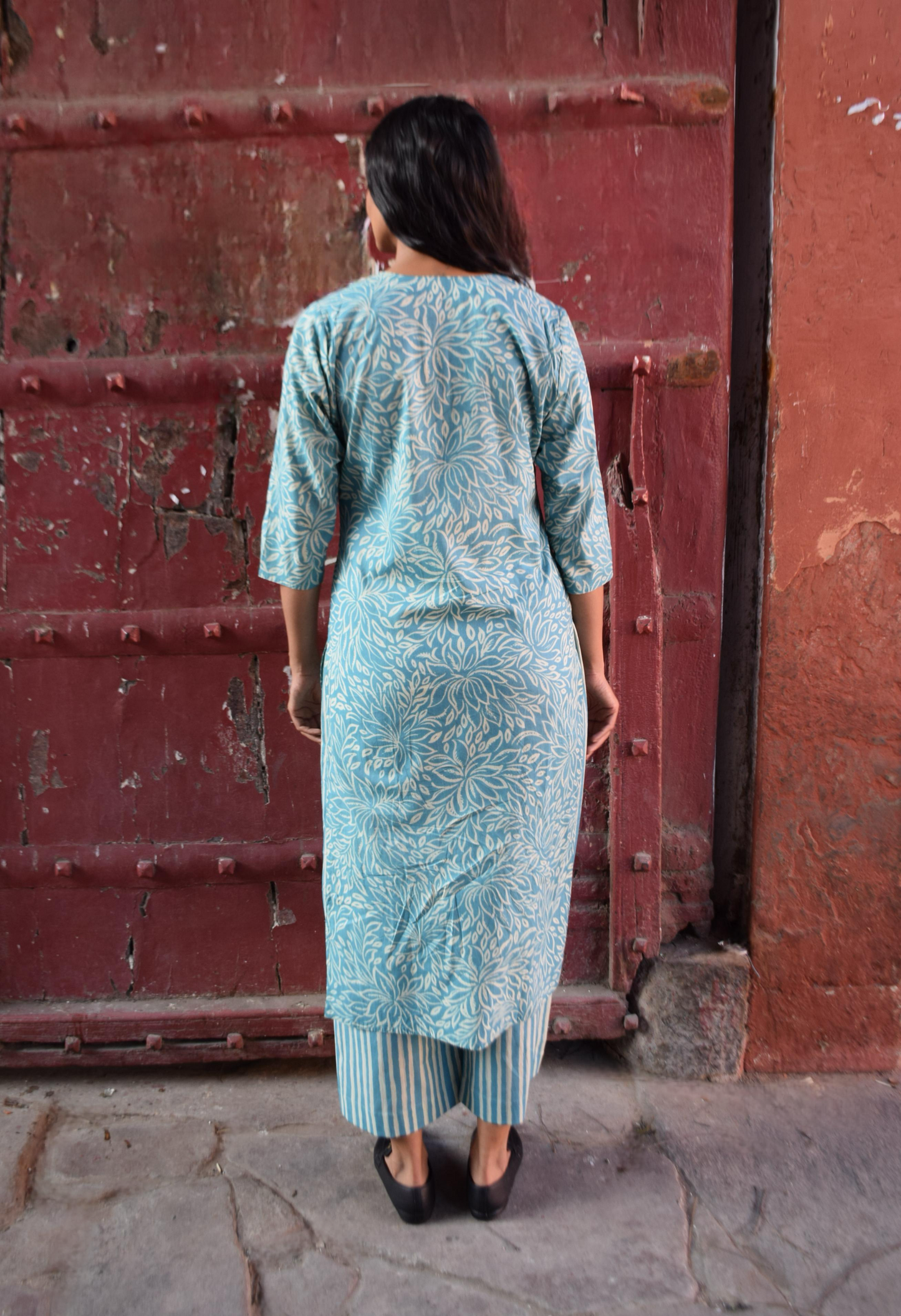 Sky Blue Floral Cotton Kurti Set with Striped Pants