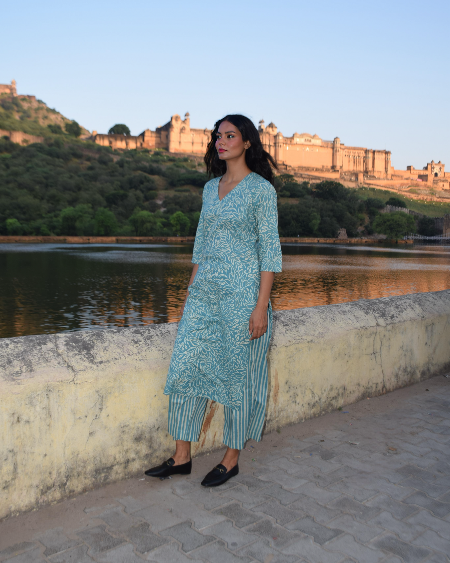 Sky Blue Floral Cotton Kurti Set with Striped Pants