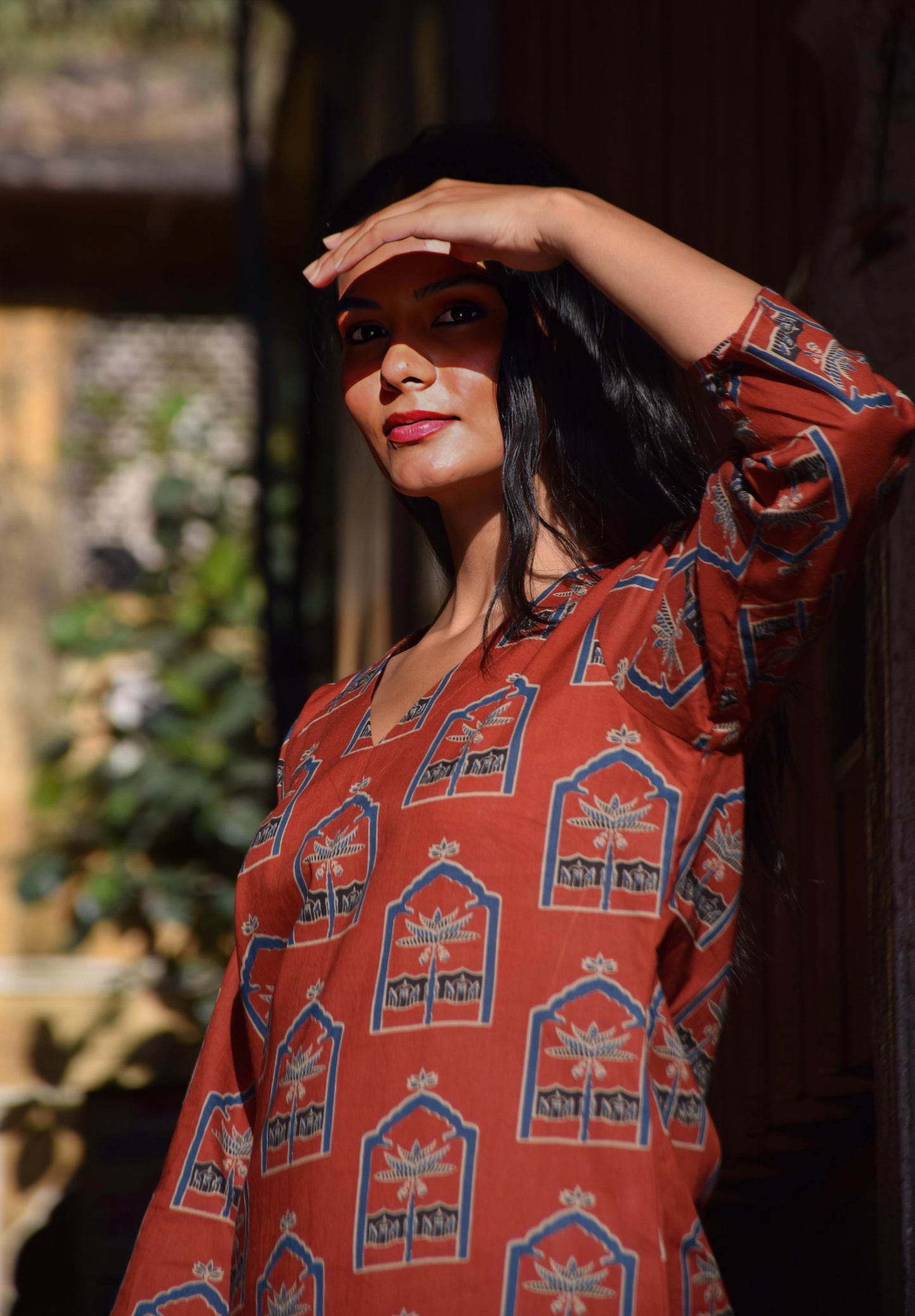 Rust Red Heritage Kurti Set with Striped Pants & Dupatta