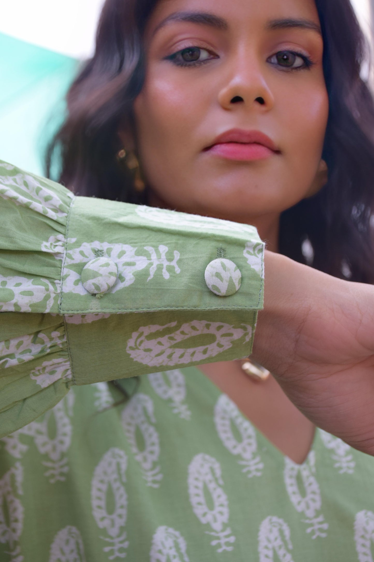 Green Paisley Print Cotton A-Line Midi Dress
