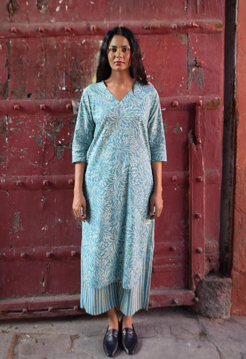 Sky Blue Floral Cotton Kurti Set with Striped Pants