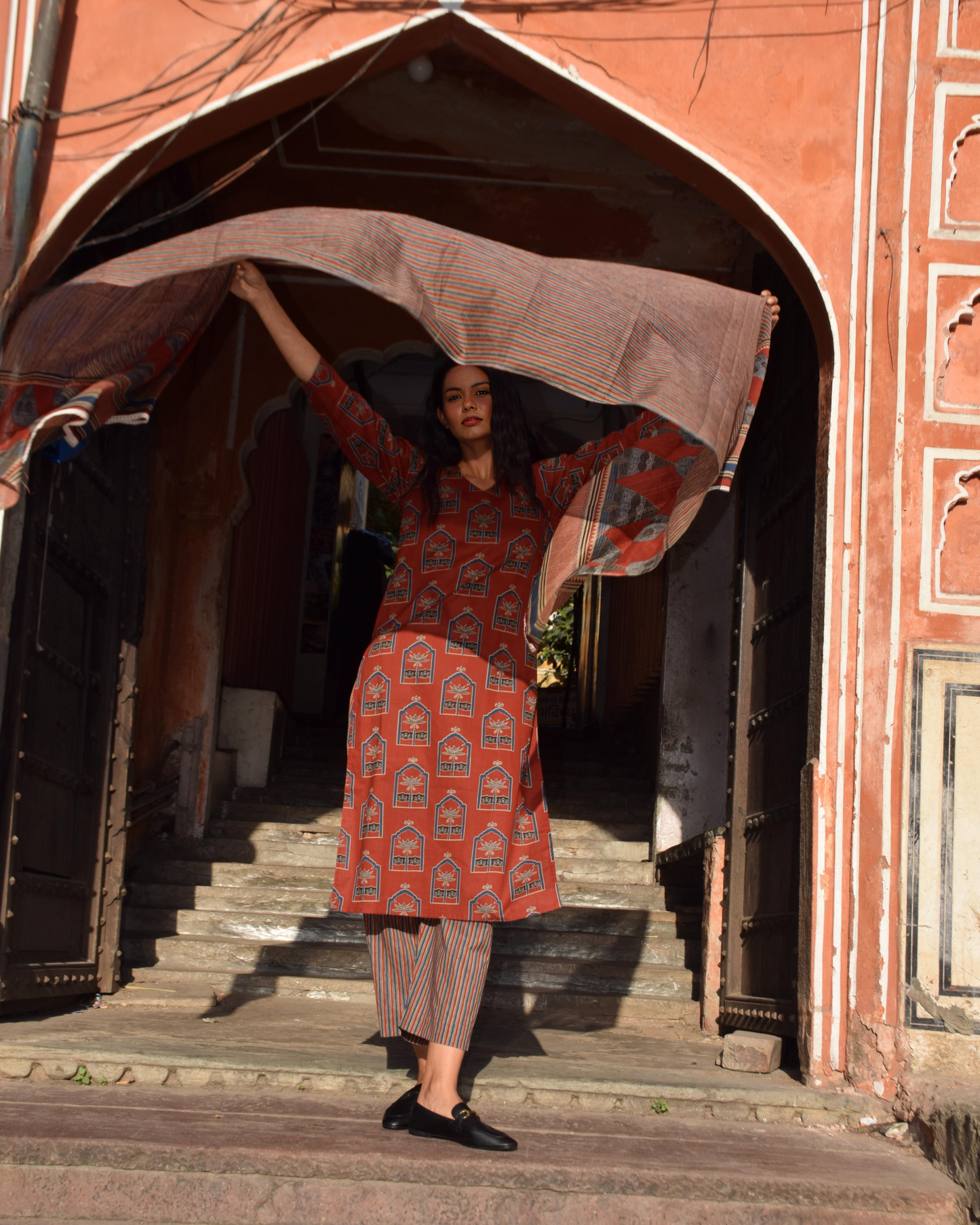 Rust Red Heritage Kurti Set with Striped Pants & Dupatta