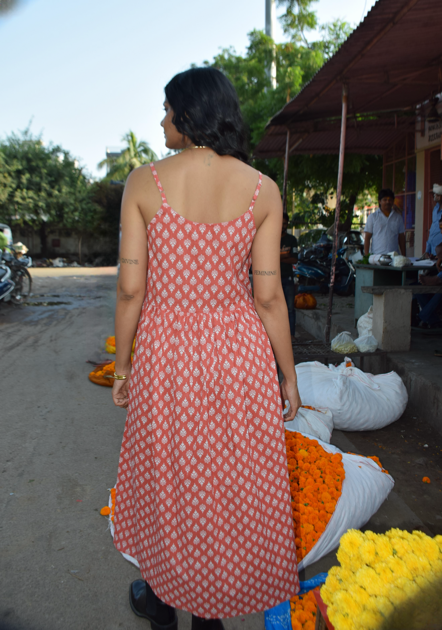 Rust Red Sleeveless Floral Print Midi Dress