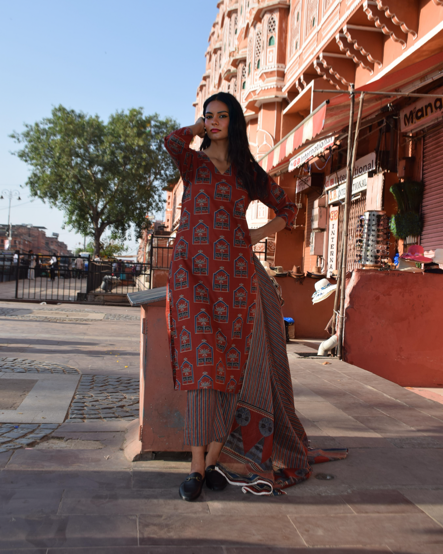 Rust Red Heritage Kurti Set with Striped Pants & Dupatta