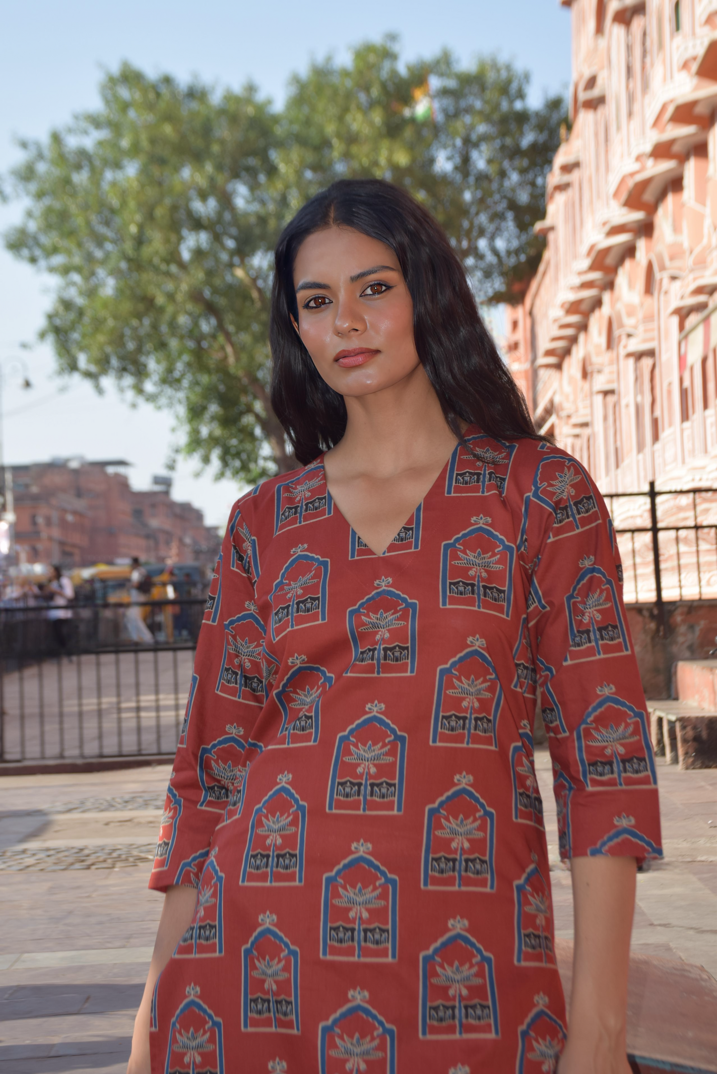 Rust Red Heritage Kurti Set with Striped Pants & Dupatta