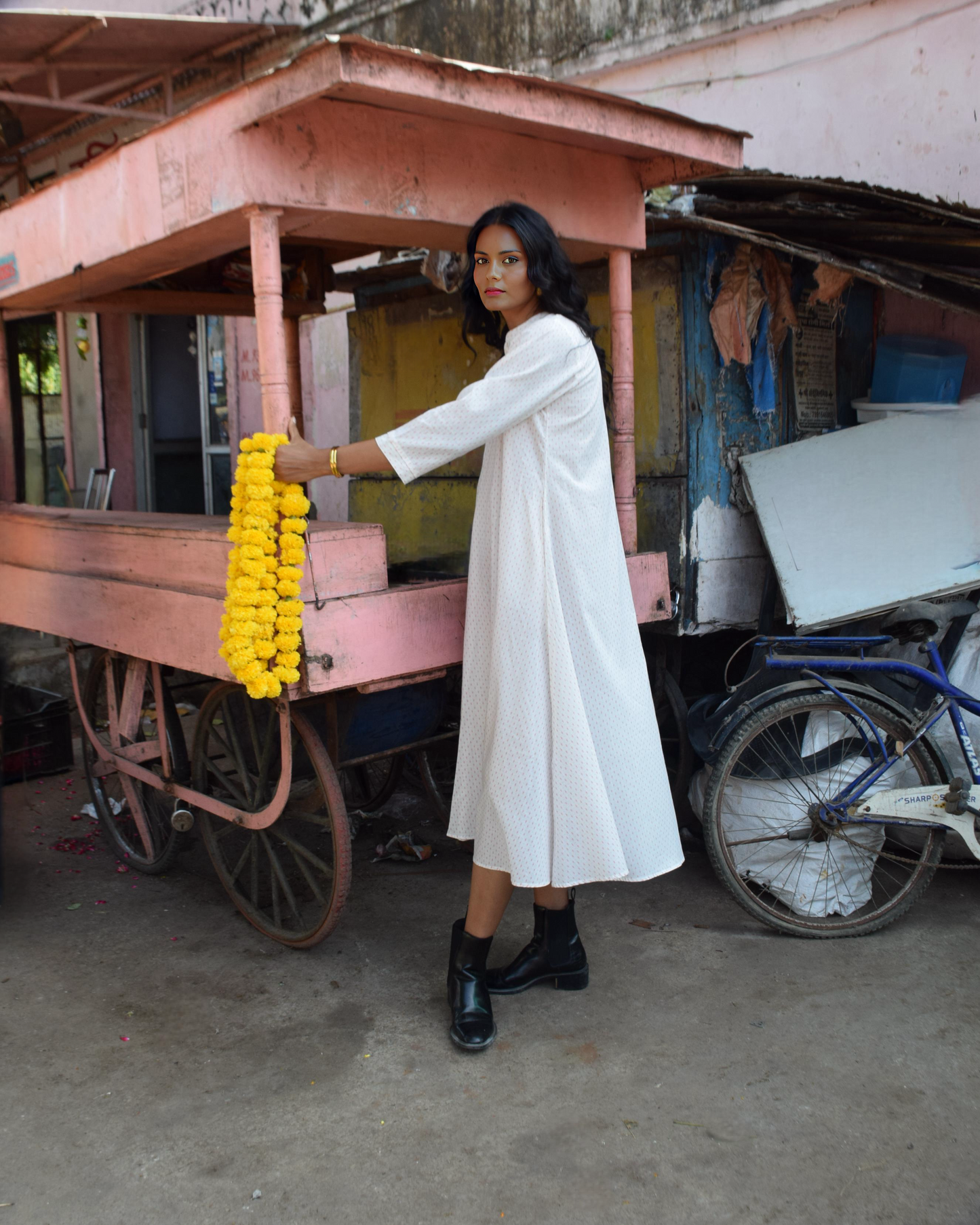 Ivory Printed Flared Cotton Dress