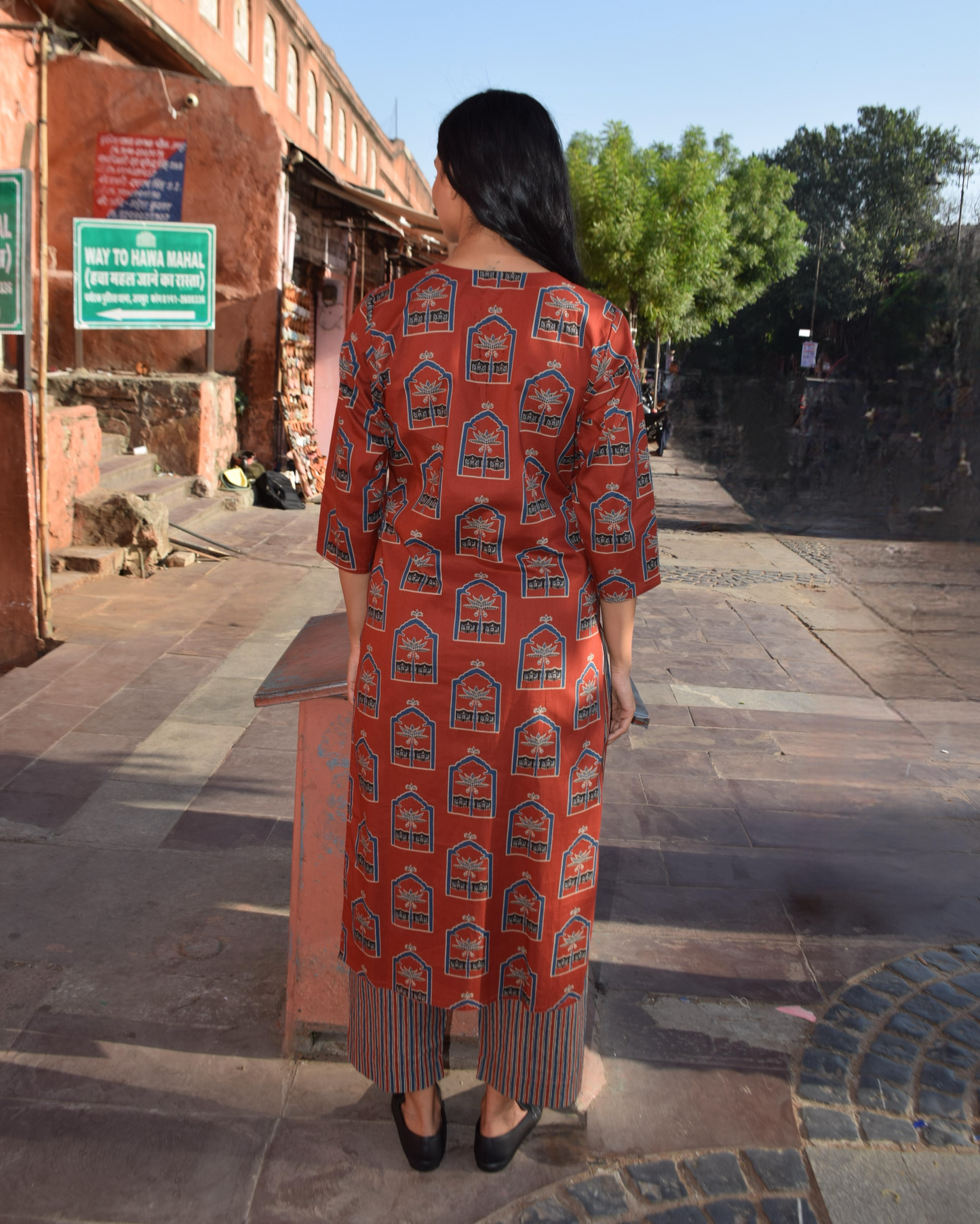 Rust Red Heritage Kurti Set with Striped Pants & Dupatta