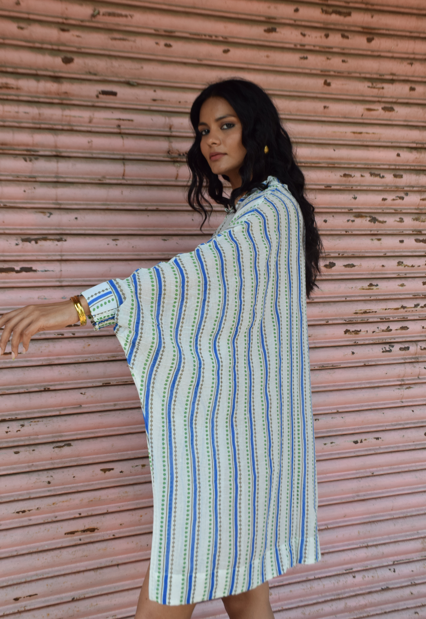 Mint Green Printed Oversized Cotton Kaftan Dress