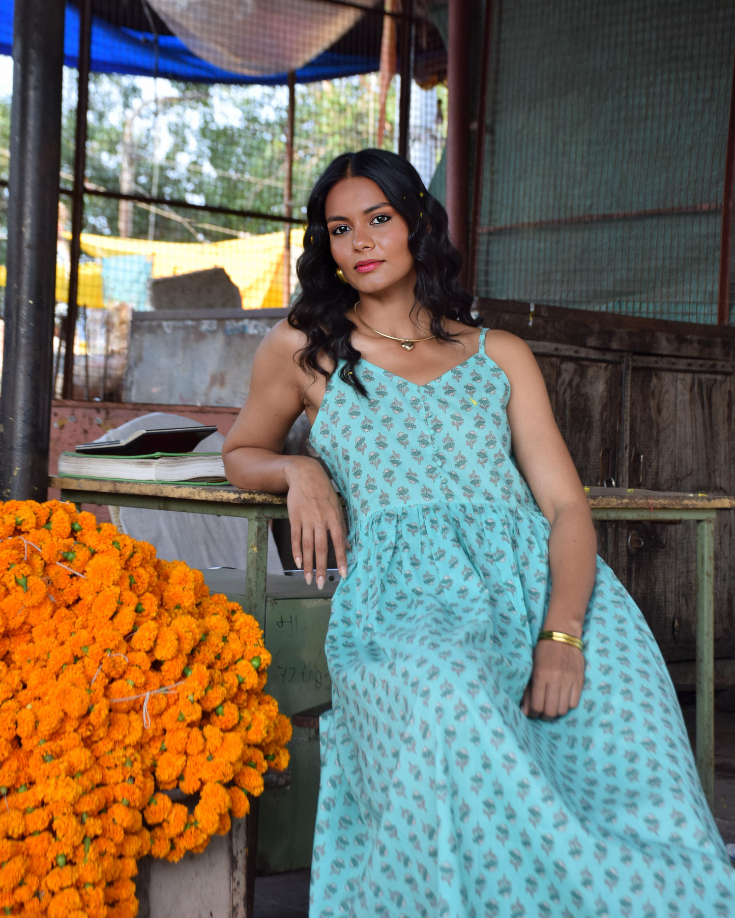 Blue Sleeveless Floral Print Midi Dress