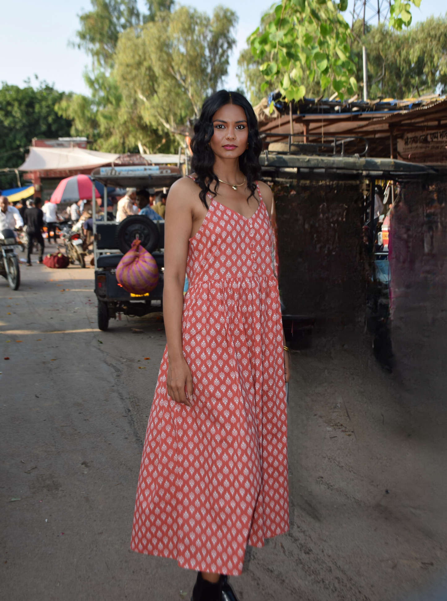 Rust Red Sleeveless Floral Print Midi Dress