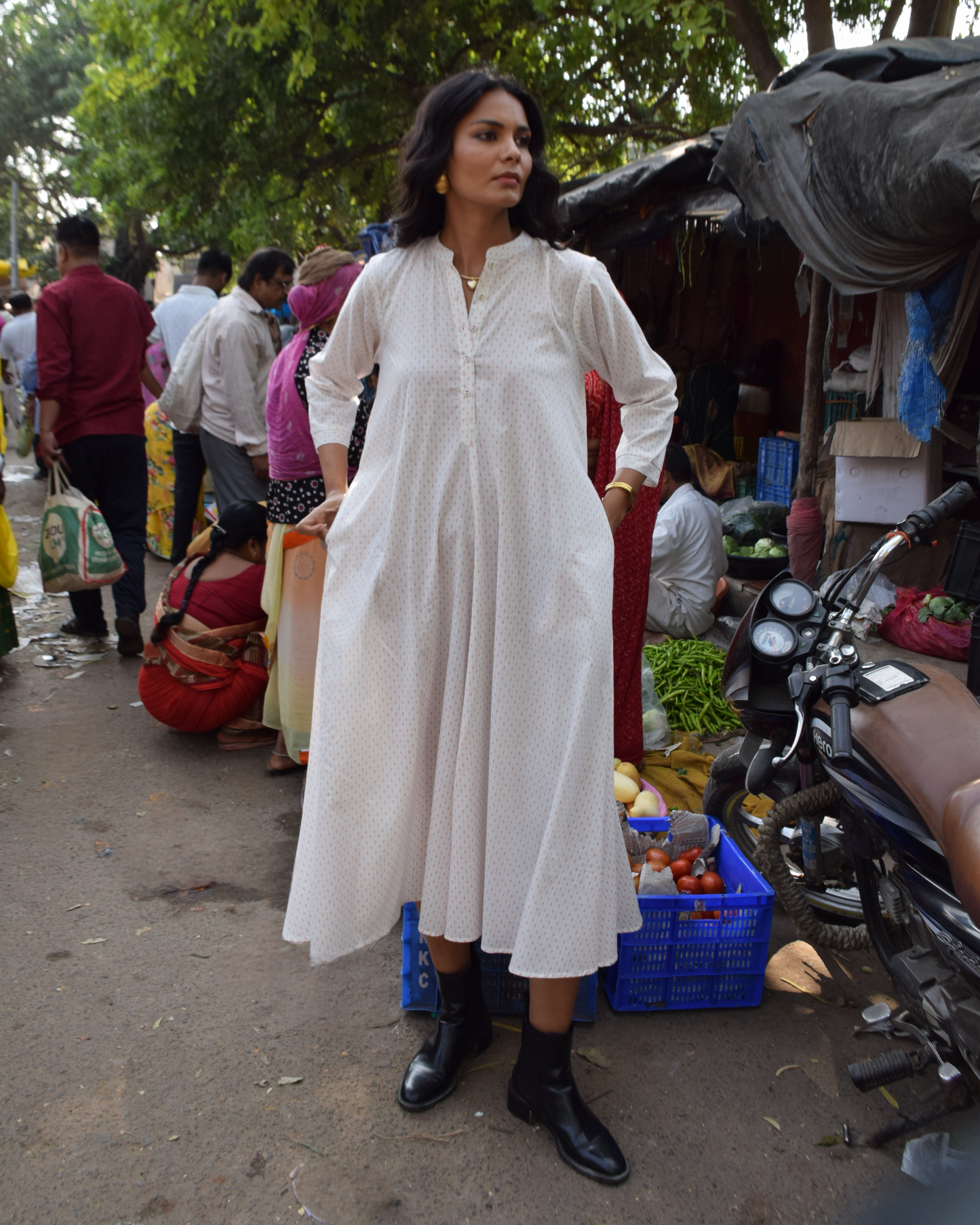 Ivory Printed Flared Cotton Dress