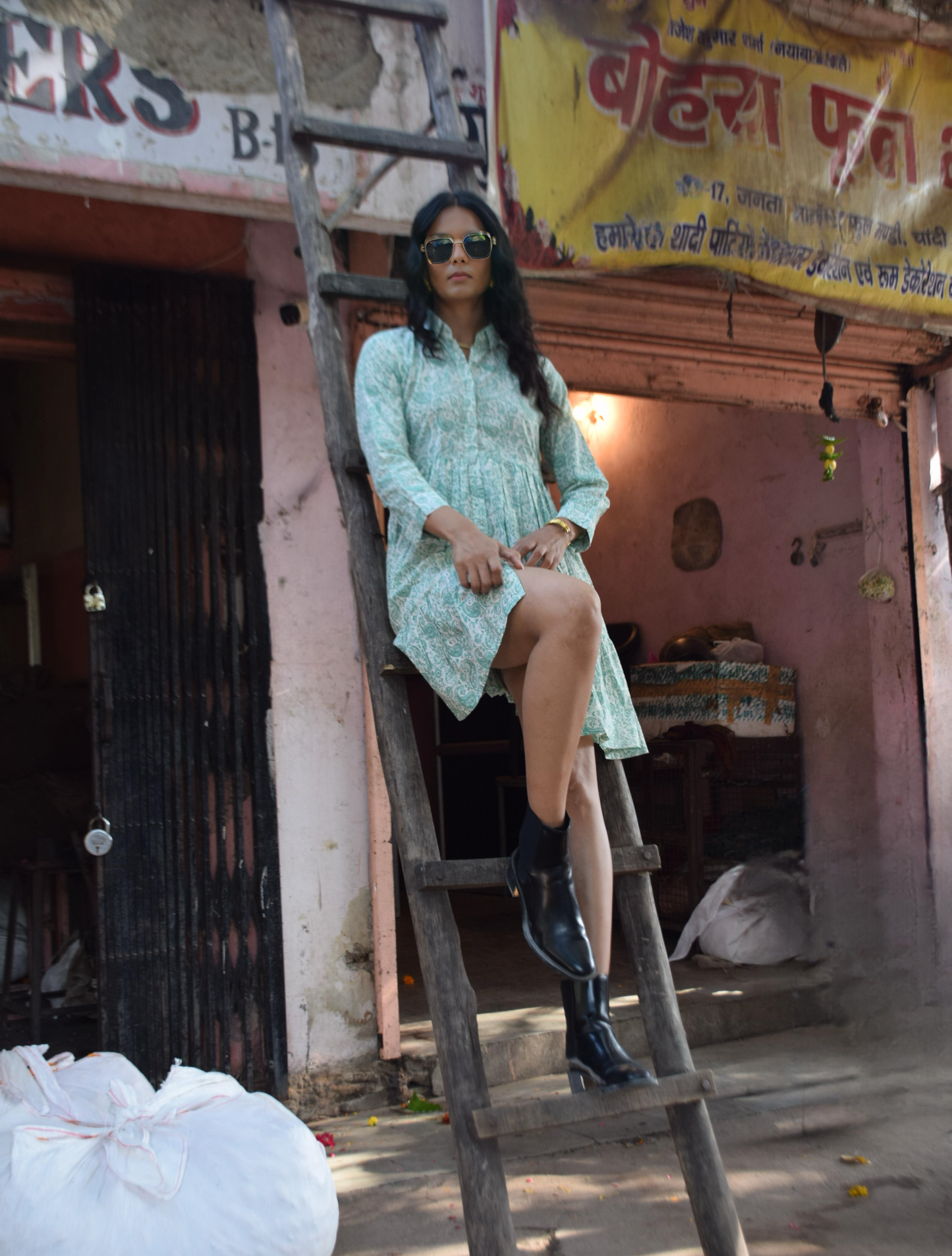 Mint Green Printed Cotton Shirt Dress