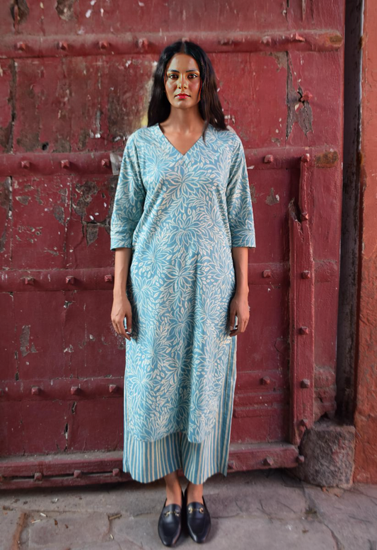 Sky Blue Floral Cotton Kurti Set with Striped Pants