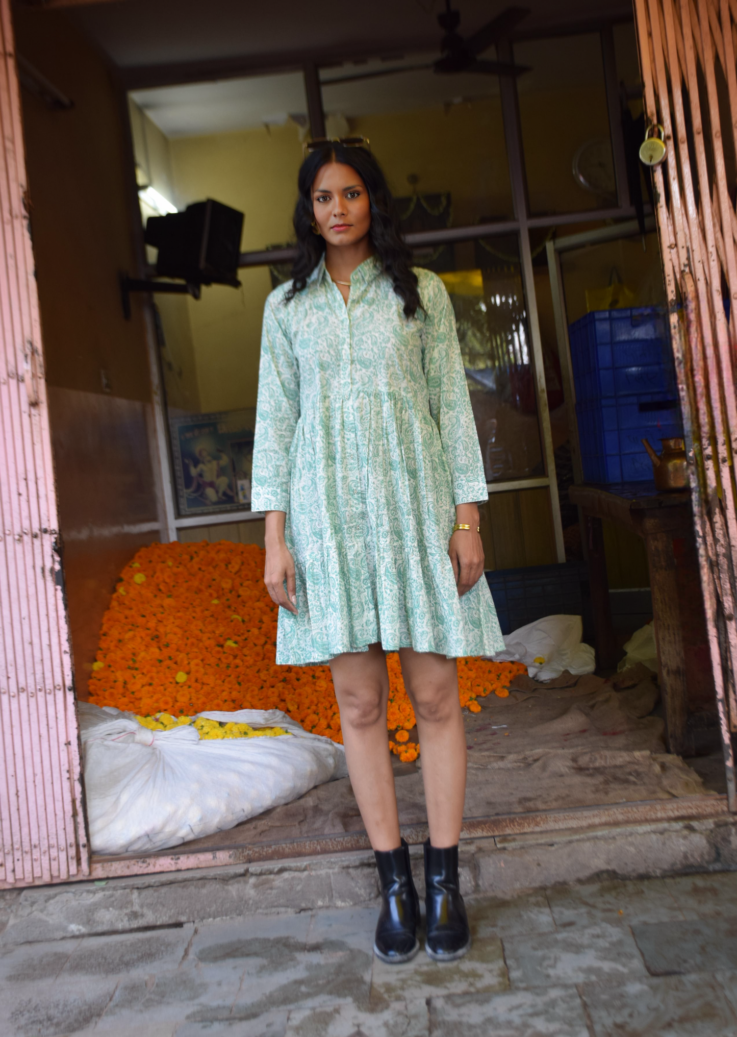 Mint Green Printed Cotton Shirt Dress