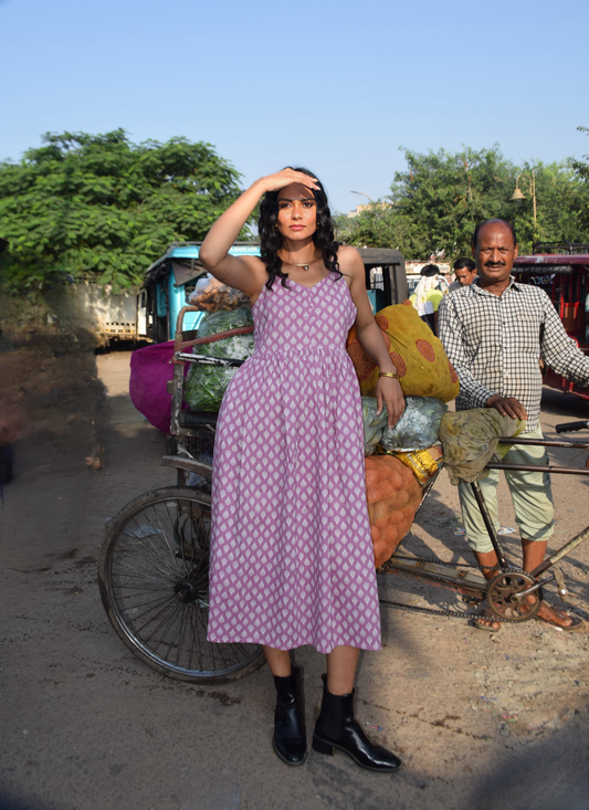 Purple Sleeveless Floral Print Midi Dress