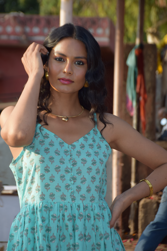 Blue Sleeveless Floral Print Midi Dress